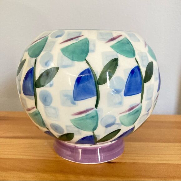 Anthropologie Vase Hand Painted Abstract Floral Blue Purple Green - Picture 4 of 8